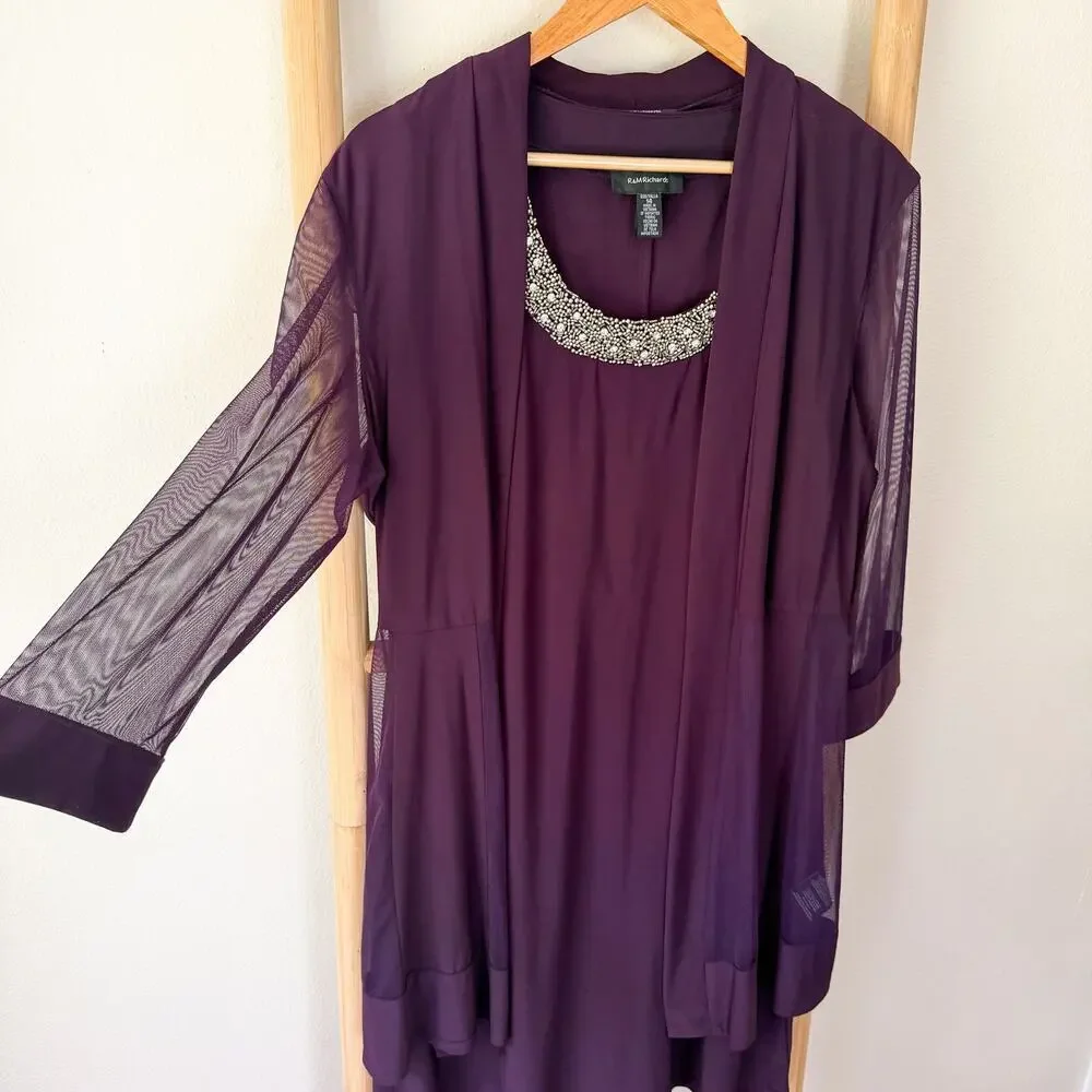 R&M Richards Purple Beaded Sheer Sleeve 2 Piece Jacket Dress Size 14
